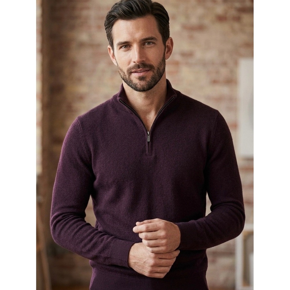 Club Monaco Mens Extra Fine Merino Wool Quarter Zip Sweater Burgundy Plum S 85